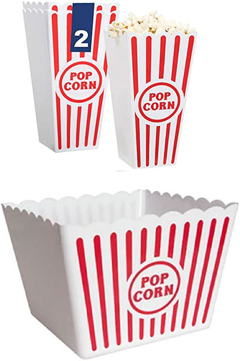 Popcorn Bowl Plastic Classic Tub Red & White Striped, Movie Night Theater Bucket Reusable Set of 5