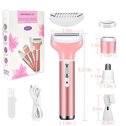 4 in 1 Women Electric Shaver Rechargeable Waterproof Razor Painless Epilator Body Hair Remover Nose Hair Beard Bikini Trimmer Eyebrow Face Facial Armpit Legs Removal Clipper Lady Grooming Groomer Kit