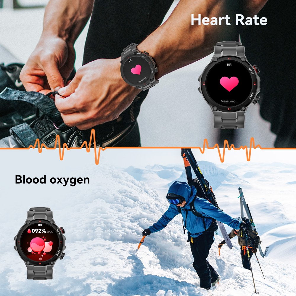 Carkira Smart Watch for Men Military Bluetooth Call IP67 Waterproof Watch Multiple Sports Modes Pedometer Heart Rate Blood Oxygen Monitoring Watch for Android Apple Phone Gray