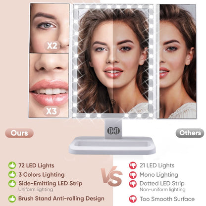 Tri-Fold Lighted Vanity Makeup Mirror with 72 LED Lights, Touch Screen and 3X/2X/1X Magnification, Two Power Supply Modes Make up Mirror,Travel Mirror