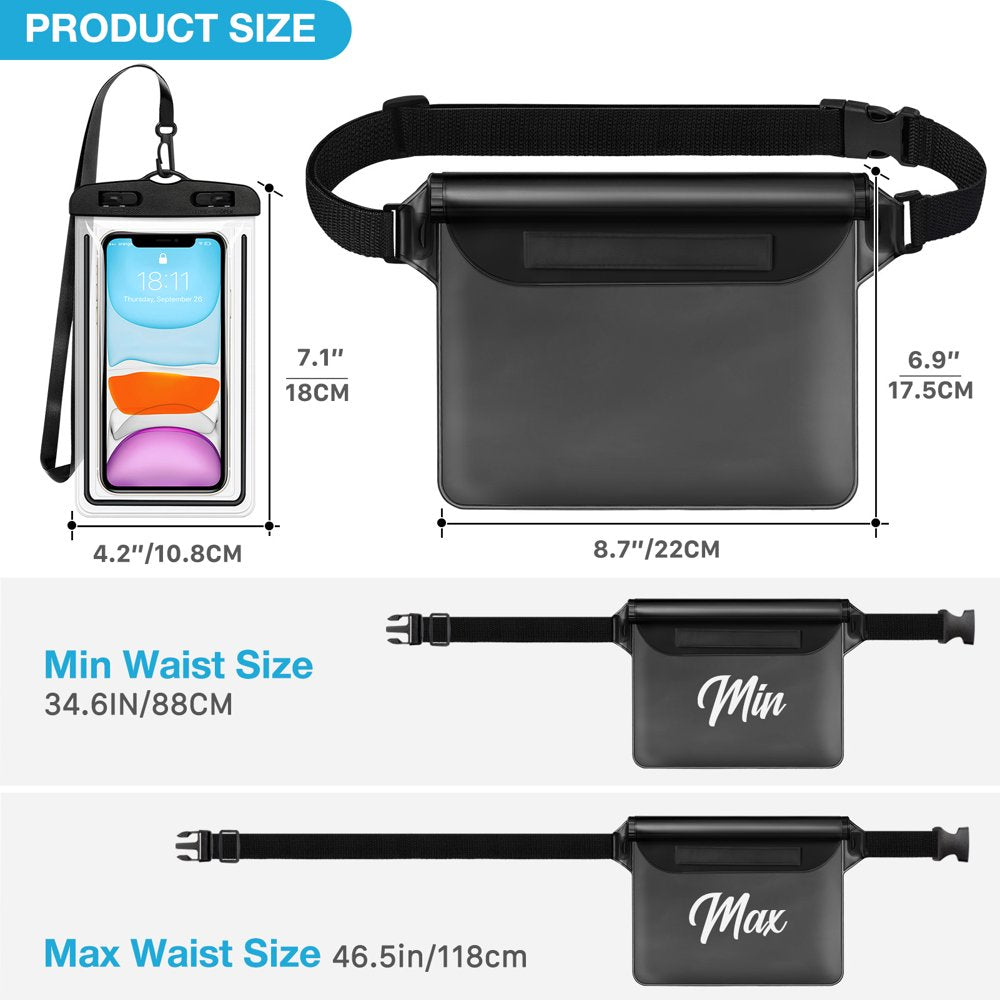 Waterproof Dry Bag and Waterproof Cell Phone Bag for Outdoor Water Sports Paddle Waterproof Pouch Bag Case (2 * Phone Case(Clear) + 2 * Fanny Pack(Black))