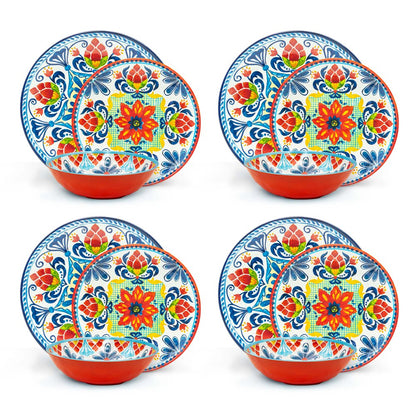 12 Pieces Dinnerware Set Melamine Plastic Plates and Bowls, Service for 4, Durable and Dishwasher Safe, Medallion Warm