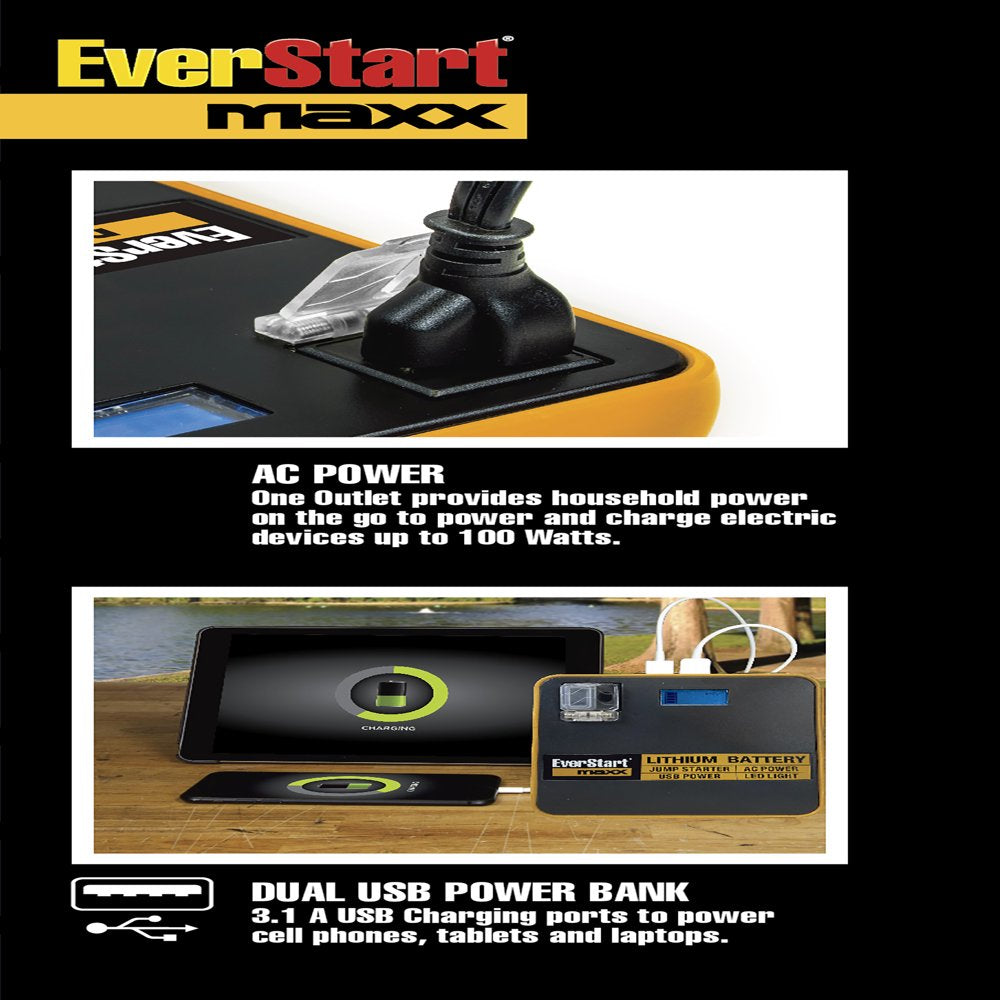 Everstart Maxx SS120LE Compact 800 Peak Amp Jump Starter with Dual USB Power Bank and AC Power