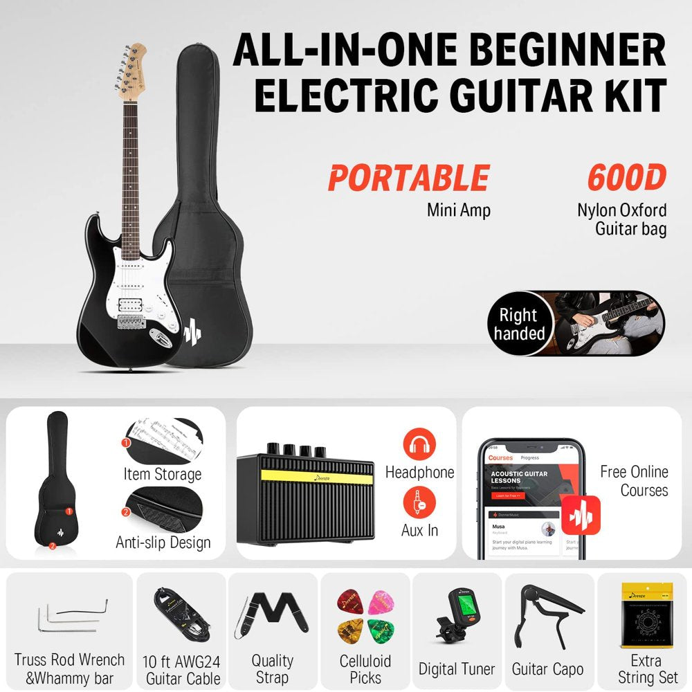  39" Electric Guitar Beginner Kit Solid Body Full Size HSS for Starter, with Amplifier, Bag, Digital Tuner, Capo, Strap, String, Cable, Picks, Black