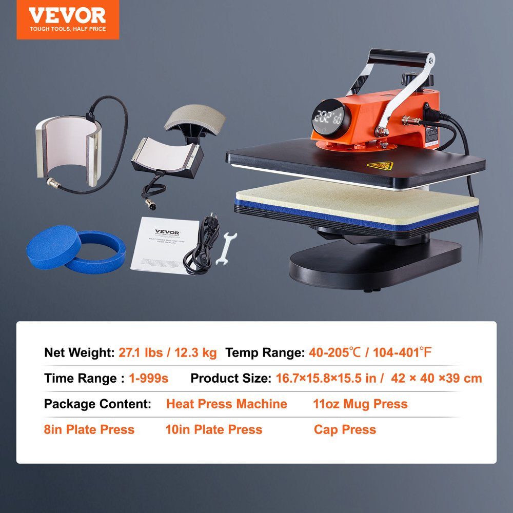 VEVORbrand Heat Press 12 x 15 inch 5 in 1 Heat Press Machine Digital Multifunctional Sublimation Swing Away Heat Press 360 Degree Rotation Heat Press Machine for T Shirts Hat Mug Cap Plate