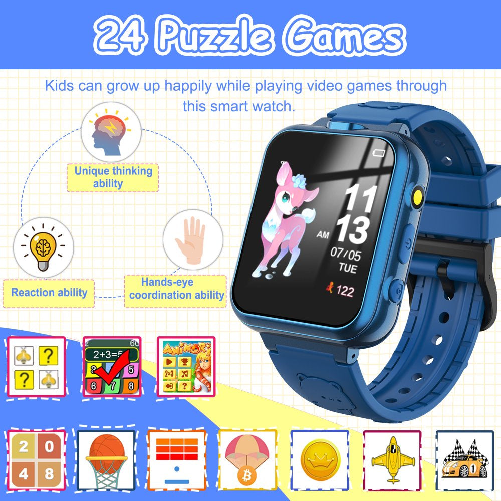 Kids Game Smart Watch for Boys Girls,Smart Wristwatch for Kids with 24 Games 5 Languages 3 Alarms 2 Cameras Music Torch Pedometer Calendar,Best Gifts for Children(Blue)