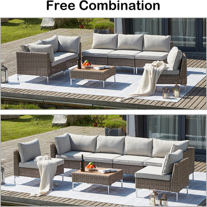 Homrest 7 Piece Patio Furniture Set Outdoor Sectional Sofa Conversation Set Half-Round Rattan Wicker Outdoor Furniture Set with Soft Cushion for Garden Lawn Backyard