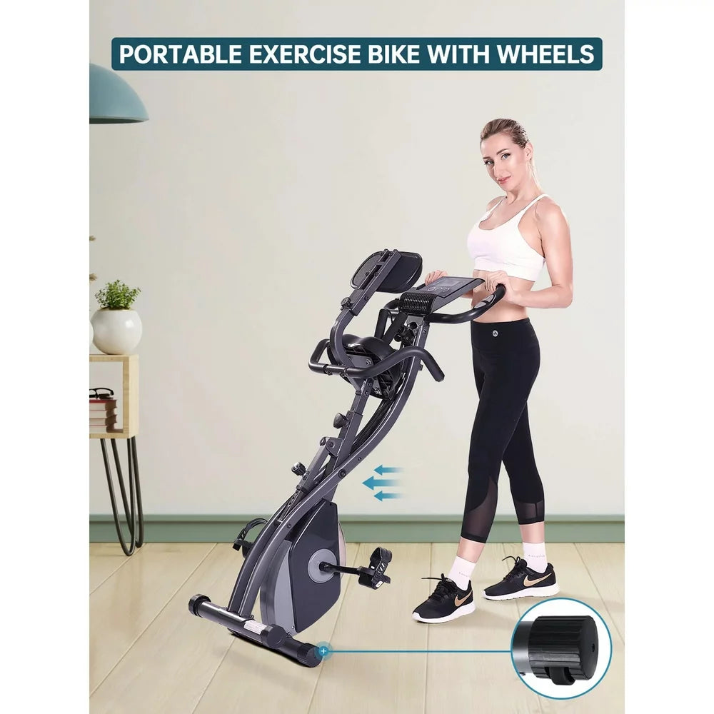 3-in-1 Exercise Bike Quiet Folding Magnetic Stationary Exercise Bike Upright Exercise Bikes with Arm Resistance Bands Home Use