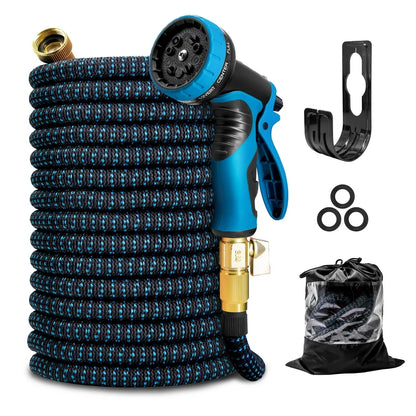 KOTTO Expandable Garden Hose 100ft with 10 Spray Nozzles, Hose Holder, Multi-Purpose Anti-Rust Solid Brass Connector and Leak-Proof Design, Light Weight No Kink Flexible