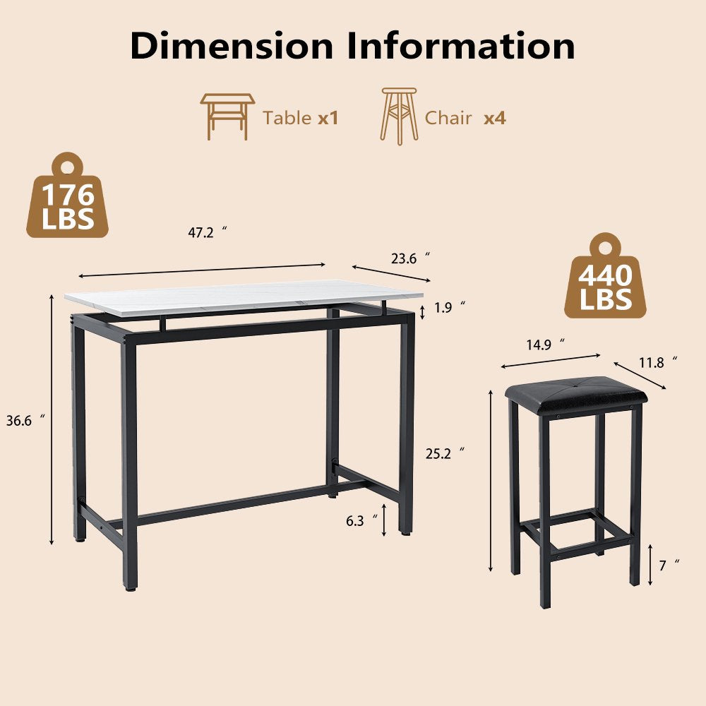 Counter Height Table Set of 5, Breakfast Bar Table and Stool Set, Minimalist Dining Table with Backless Stools, Wood Top Pub Table & Chair Set for Kitchen Apartment Bistro - Space Saving