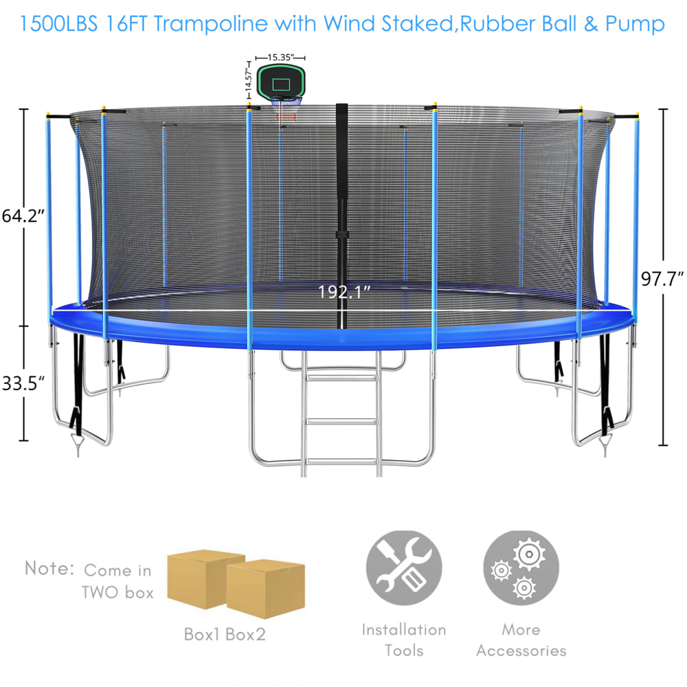 16FT Trampoline for 8-9 Kids Adults with Basketball Hoop, Ladder, Light, Sprinkler, Socks, ASTM Approved Outdoor Heavy Duty Recreational Trampoline