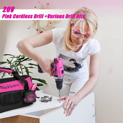 Pink Tool Kit with 20V Cordless Drill(265in-lbs), Pink Drill Set for Women,Lady's Home Tool Kit for DIY