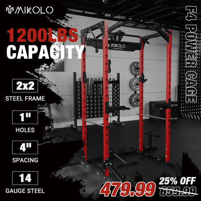 Mikolo Power Rack Cage with LAT Pulldown System,1200LBS Capacity Power Rack, Multi-Functional Squat Rack with 13-Level Adjustable Height and J-Hooks, Dip Bars, T-Bar, Gym Equipment (Upgraded)