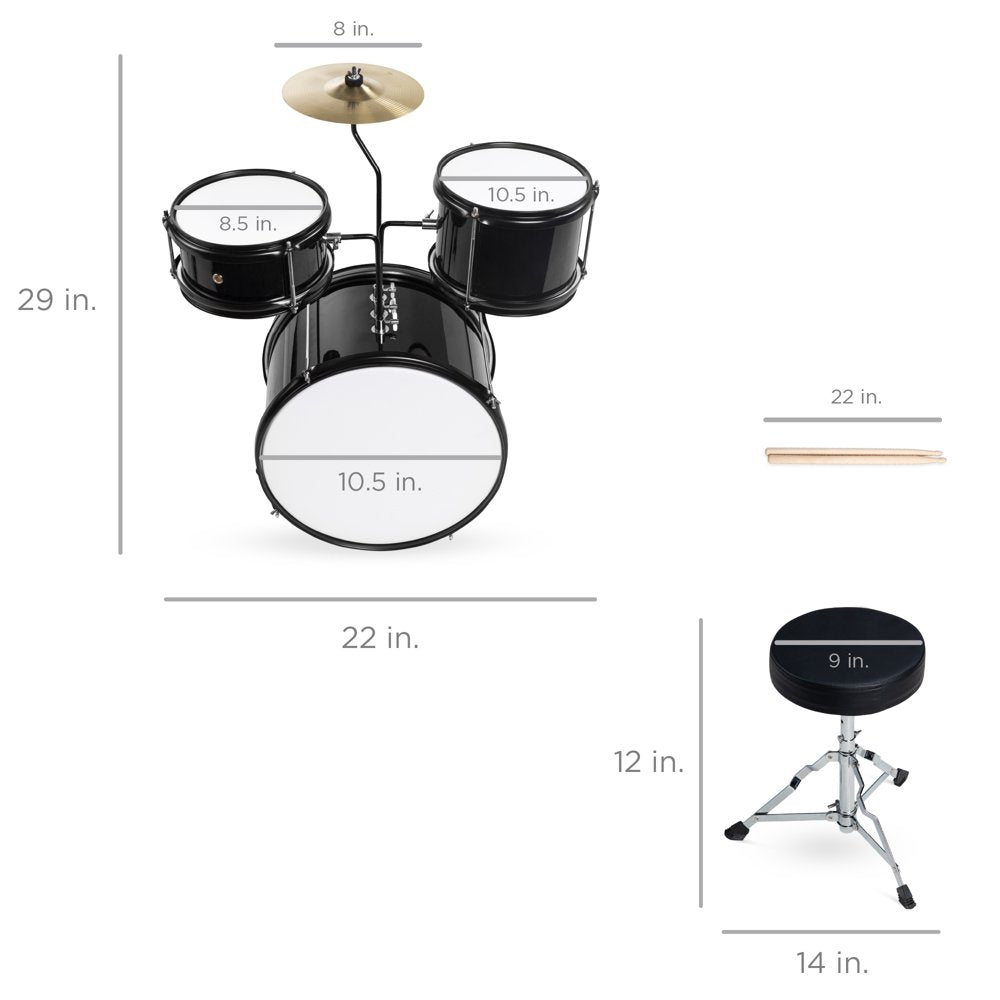 Best Choice Products 3-Piece Junior Drum Set with Throne, Pedal, Drumsticks - Black