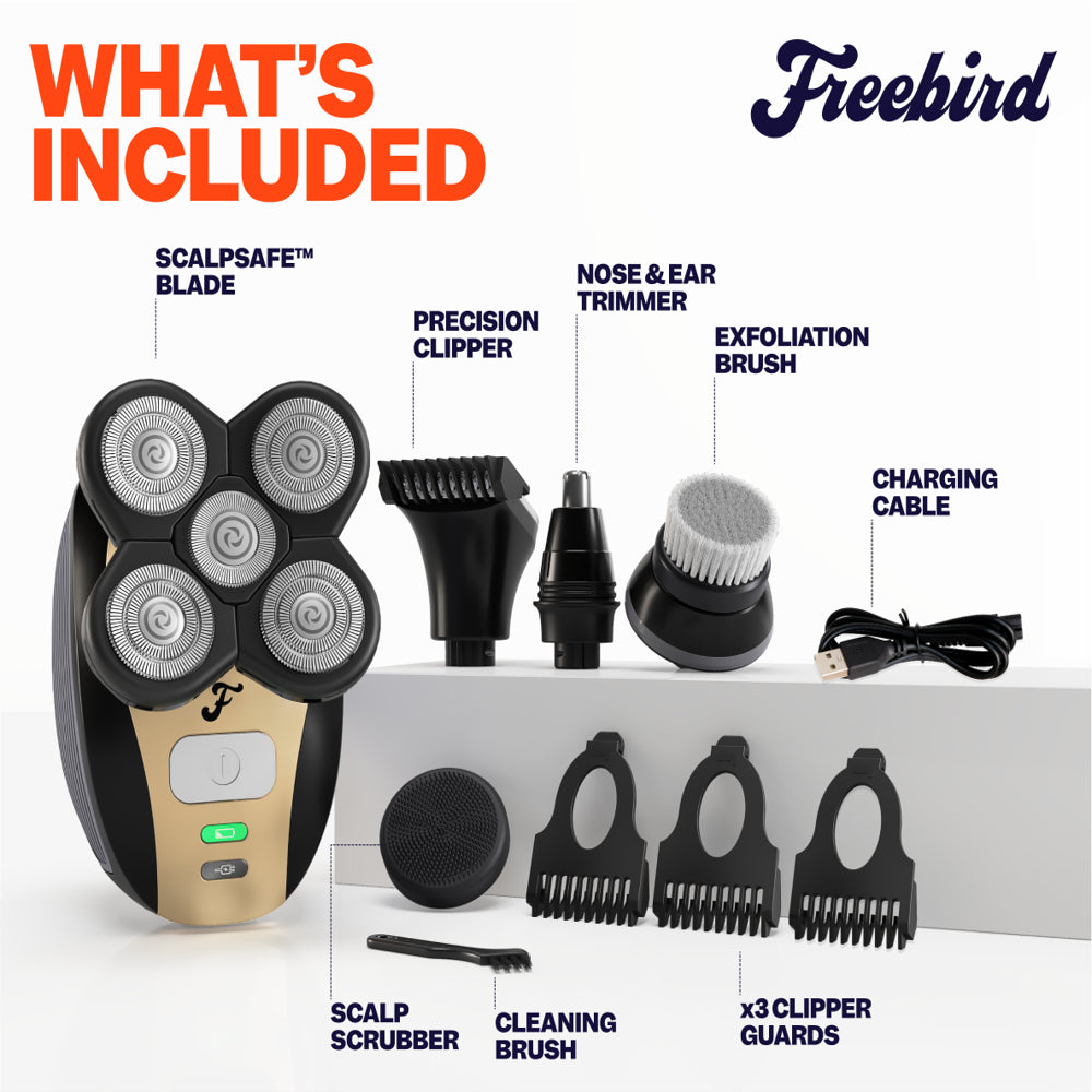 FlexSeries Shaving Kit from Freebird, Waterproof Head Shaver for Bald Men with 5 Shaving Attachments