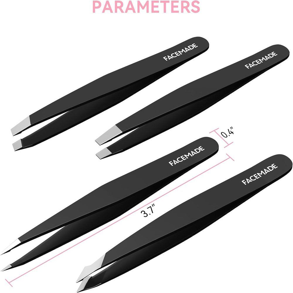 4 Pcs Tweezers Set,Stainless Steel Hair Removal Makeup Tool,Gift,Black