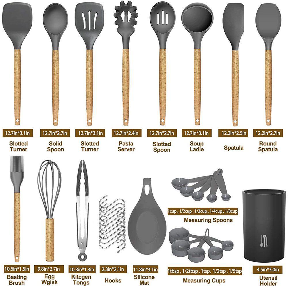 33 Pcs Silicone Kitchen Utensil Set, Cooking Utensils Set, Food Grade Silicone Spatula Set, Bpa-Free, 446°F Heat Resistant Kitchen Gadgets Tools Set with Wooden Handle for Non-Stick Cookware, Gray