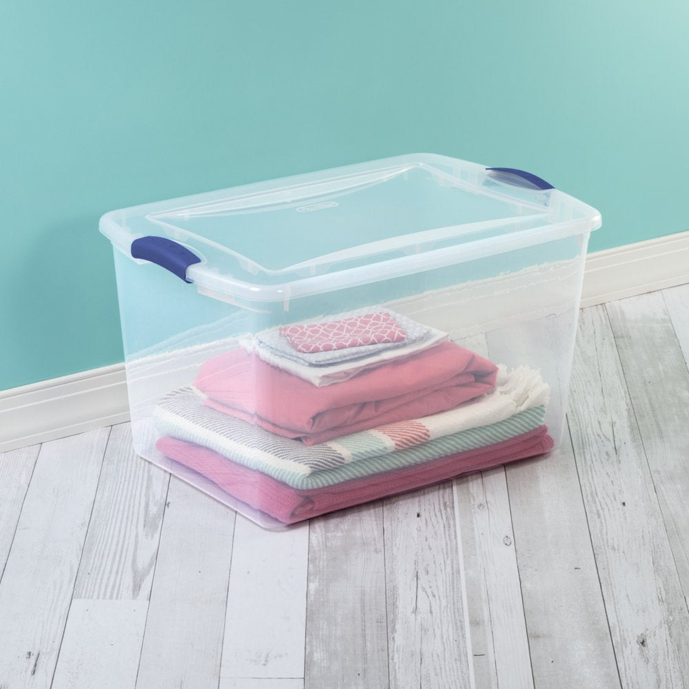 Sterilite 66 Qt. Clear Plastic Latch Box, Blue Latches with Clear Lid