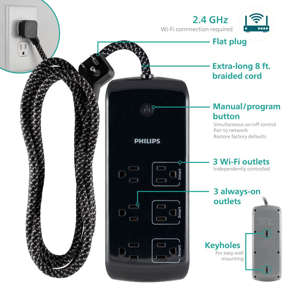 Philips Smart Plug 6-Outlet Surge Protector, 1080J 8ft., Black