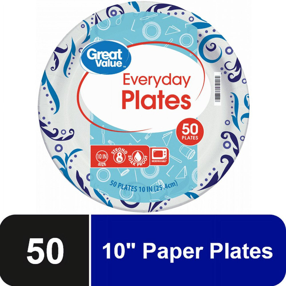 Great Value Everyday Strong, Soak Proof, Microwave Safe, Disposable Paper Plates, 10", Patterned, 50 Count