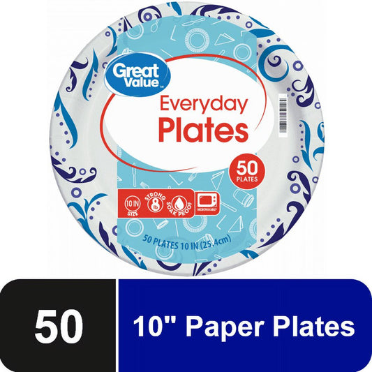 Great Value Everyday Strong, Soak Proof, Microwave Safe, Disposable Paper Plates, 10", Patterned, 50 Count