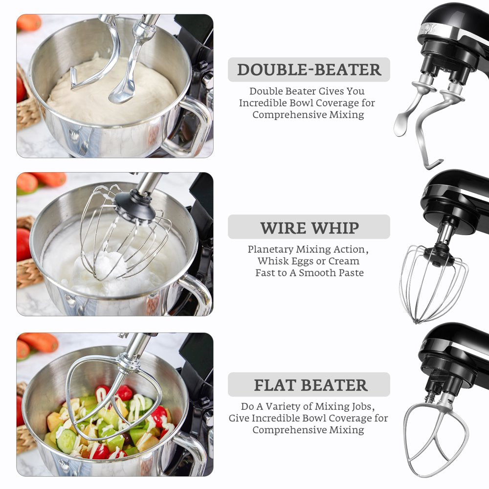 Stand Mixer with Double Hook, 6 Speeds, 5.5Qt Stainless Steel Bowl, Beater and Whisk Black