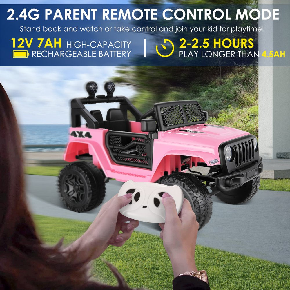 Funcid 12V Kids Powered Ride on Truck Car with Parent Remote Control, Bluetooth Music, Spring Suspension, LED Lights - Pink