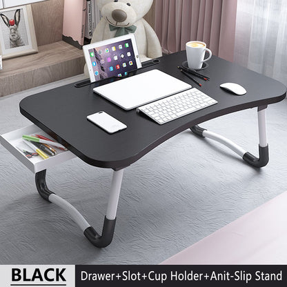 PHANCIR Foldable Lap Desk, 23.6 Inch Portable Wood Laptop Desk Table Workspace Organizer Bed Tray with Ipad Slots, Cup Holder and Drawer, Anit-Slip for Working Reading Writing, Eating, Watching-Black