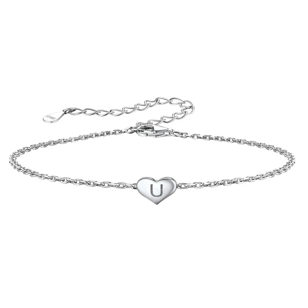 Silvora Women Cute Letter Bracelet S925 Sterling Silver Initial Heart Letter U Chain Bracelet Jewelry Gift for Girlfriend/Sister/Niece