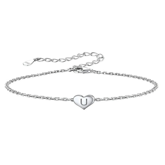 Silvora Women Cute Letter Bracelet S925 Sterling Silver Initial Heart Letter U Chain Bracelet Jewelry Gift for Girlfriend/Sister/Niece