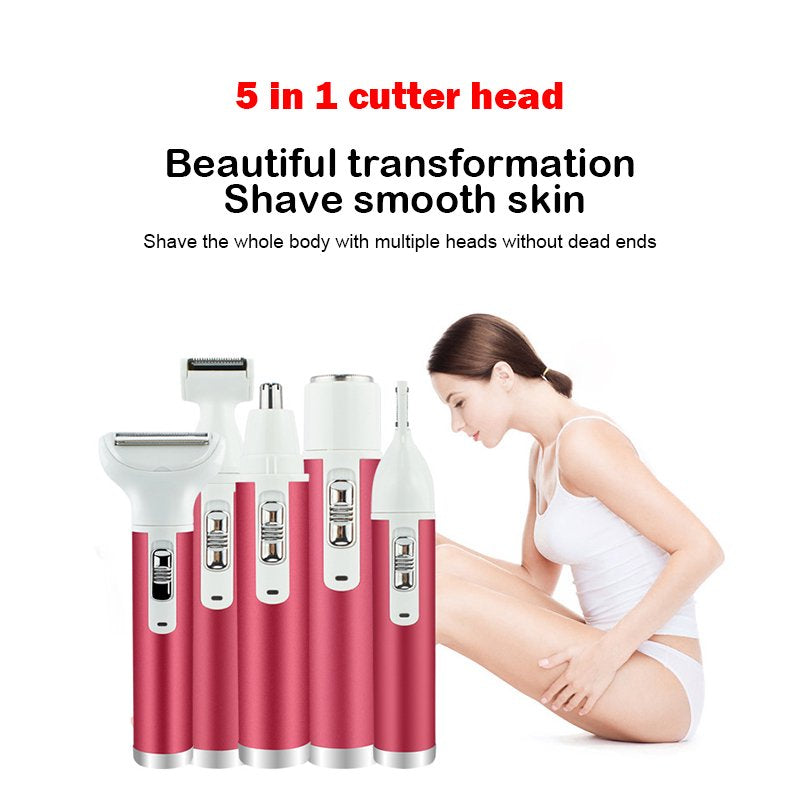 5 in 1 Women Electric Razor Cordless Hair Removal Ladies Shaver Painless Body Hair Trimmer Remover for Bikini Facial Nose Ear Eyebrows Leg Armpit Clipper Grooming Groomer Kit