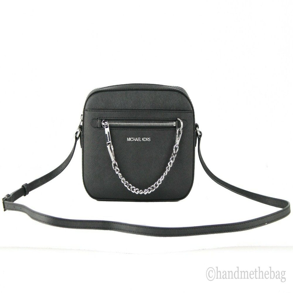 Michael Kors Jet Set Item Large East West Saffiano Leather Zip Chain Crossbody Handbag (Black Solid/Silver)