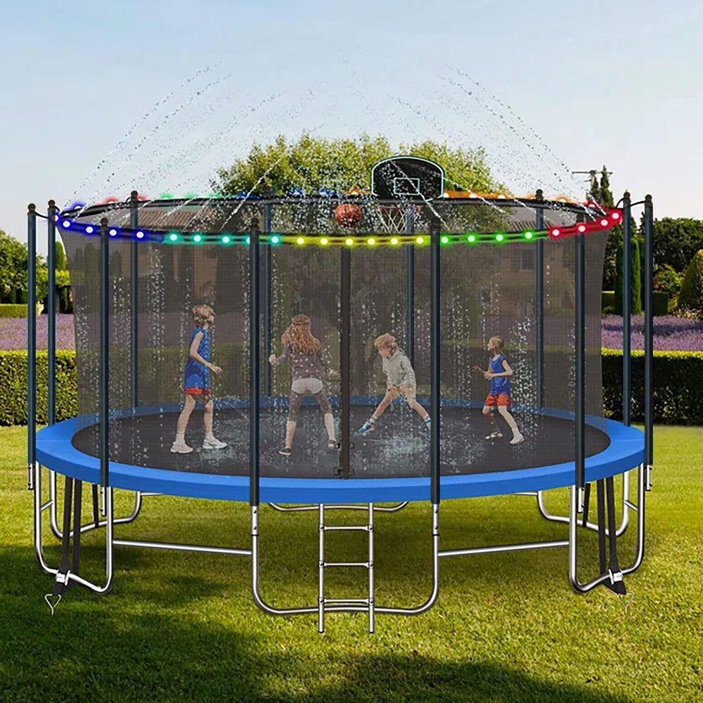 16FT Trampoline for 8-9 Kids Adults with Basketball Hoop, Ladder, Light, Sprinkler, Socks, ASTM Approved Outdoor Heavy Duty Recreational Trampoline