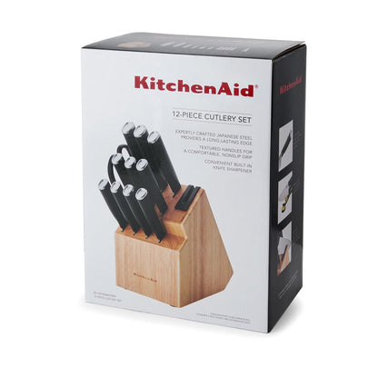 KitchenAid Classic Japanese Steel 12-Piece Knife Block Set with Built-in Knife Sharpener, Black