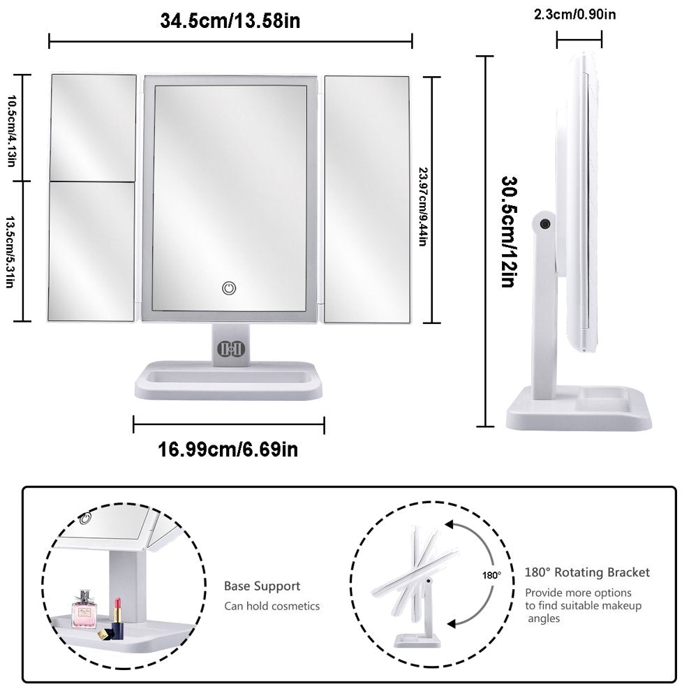 Tri-Fold Lighted Vanity Makeup Mirror with 72 LED Lights, Touch Screen and 3X/2X/1X Magnification, Two Power Supply Modes Make up Mirror,Travel Mirror