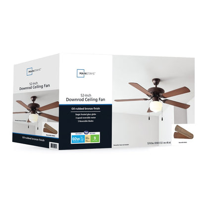 Mainstays 52 Inch Downrod Ceiling Fan with Light Kit, Satin Nickel, 5 Blades, Reverse Airflow