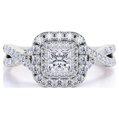 Elegant 1 Carat - Square Cut Diamond - Twisted Band - Pave - Double Halo Engagement Ring - 10K White Gold