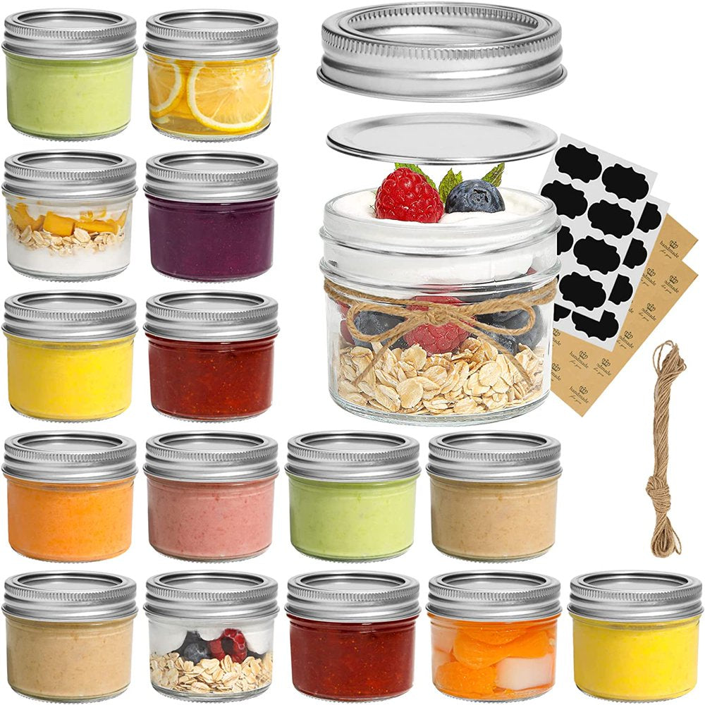 ComSaf Mini Mason Jars 4oz - 16 Pack, Regular Mouth Mason Jar with Lids and Seal Bands, Small Glass Canning Jar for Spice, Jam, Honey, Jelly, Dessert, Shower Wedding Favors, DIY Candles Decor