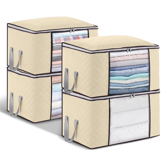 Clothes Storage Bags Organizers, 4Pcs Closet Storage Organizers Large Capacity Blanket Storage Bags for Clothes with Reinforced Handle, 3 Layer Foldable Fabric Closet Organizers for Bedding, Blankets