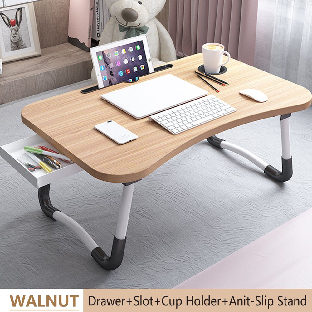 PHANCIR Foldable Lap Desk, 23.6 Inch Portable Wood Laptop Desk Table Workspace Organizer Bed Tray with Ipad Slots, Cup Holder and Drawer, Anit-Slip for Working Reading Writing, Eating, Watching-Black