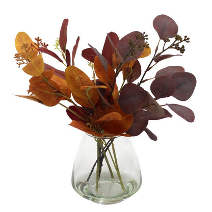  12" Artificial Red and Orange Eucalyptus in Blown Glass Vase