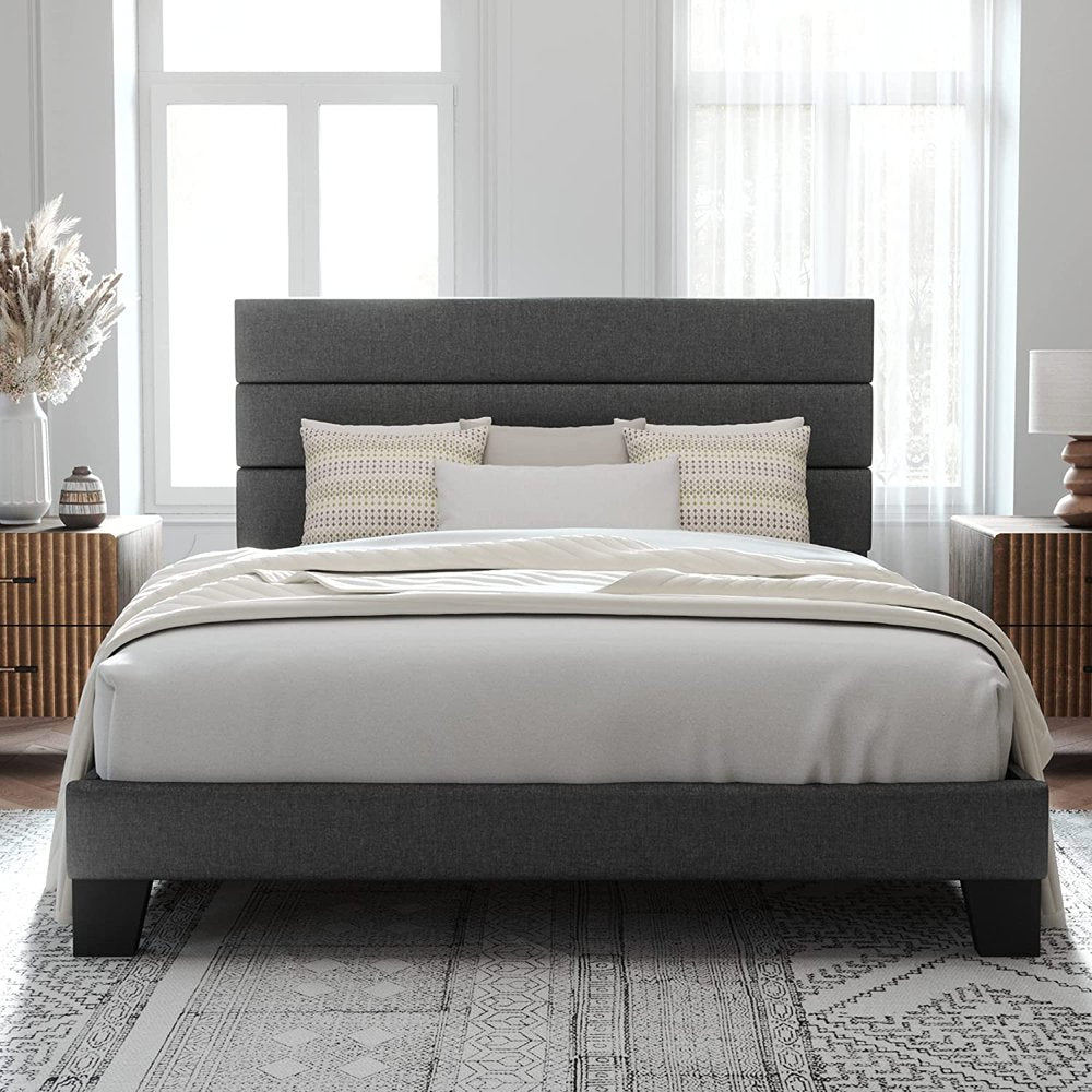 Allewie Queen Size Platform Bed Frame with Fabric Upholstered Headboard, Dark Grey