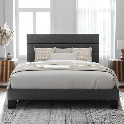 Allewie Queen Size Platform Bed Frame with Fabric Upholstered Headboard, Dark Grey