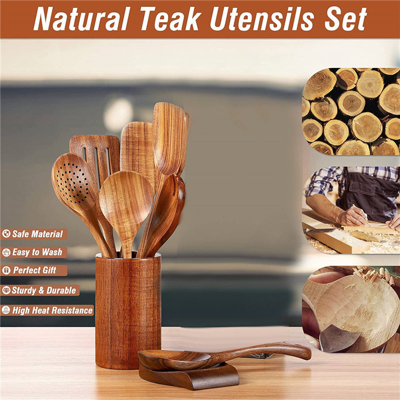 9 PCS Wooden Spoons for Cooking, Wooden Utensils for Cooking with Utensils Holder, Teak Wooden Kitchen Utensils Set