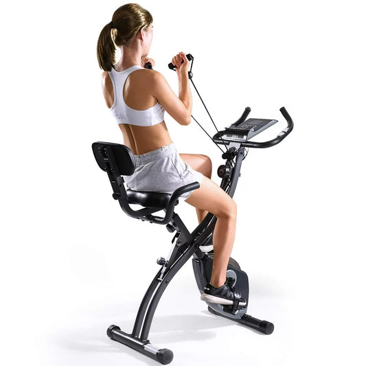 3-in-1 Exercise Bike Quiet Folding Magnetic Stationary Exercise Bike Upright Exercise Bikes with Arm Resistance Bands Home Use