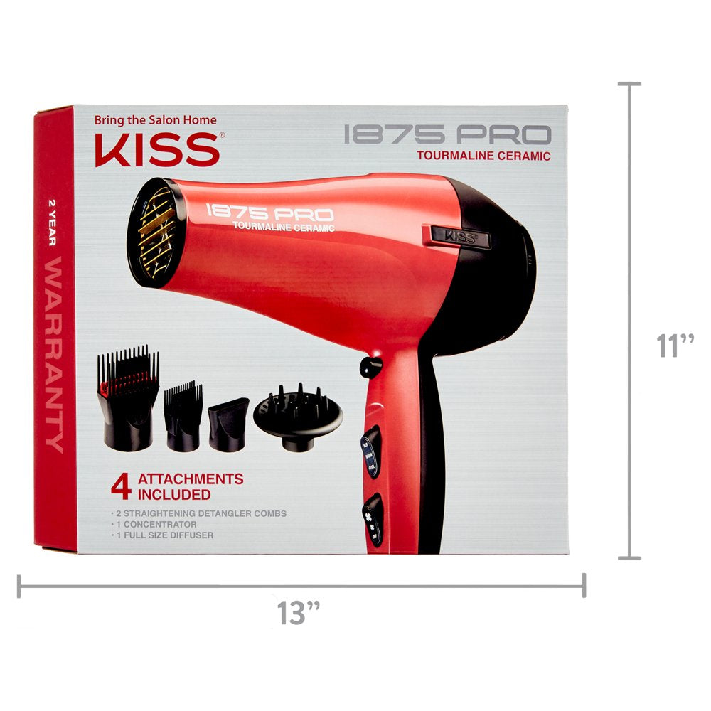 KISS Red Tourmaline Ceramic Hair Dryer with 4 Additional Styling Attachments, 1875 Watts, Red