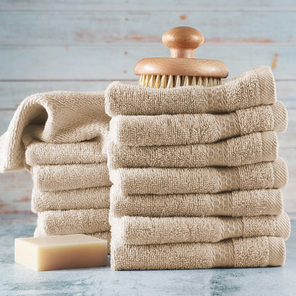  Bath Towel Collection, 100% Cotton Luxury Set of 12 Multipurpose Wash Cloths - Cream