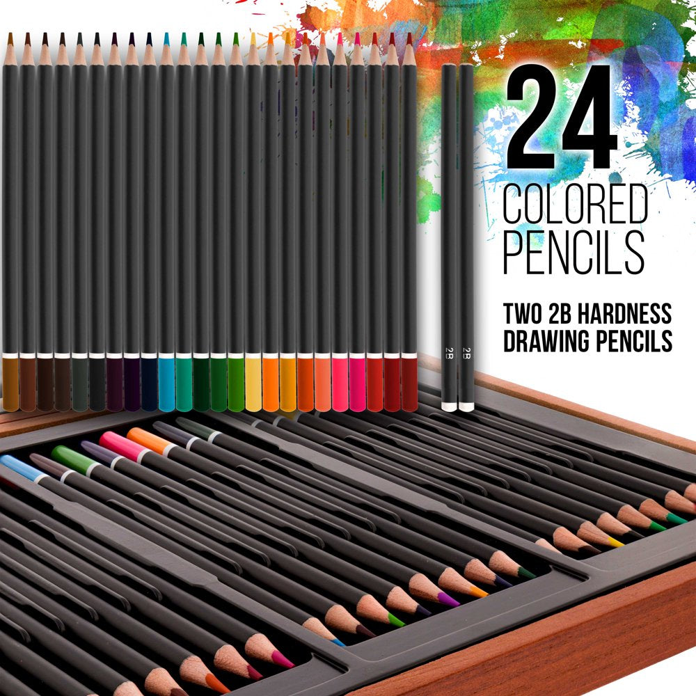 102-Piece Deluxe Art Creativity Set with Wooden Case - Artist Painting, Sketching and Drawing Set, 24 Watercolor Paint Colors, 17 Brushes, 24 Colored Pencils, Sketch & Painting Pads