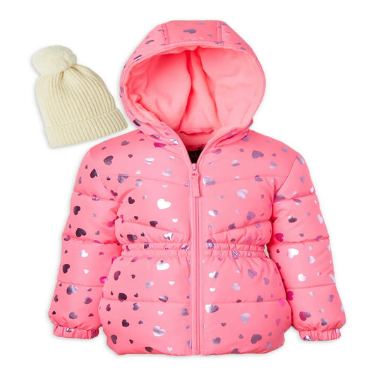 Pink Platinum Girls Hooded Foil Heart Winter Puffer Coat with Knit Pom Beanie Hat, Sizes 4-16