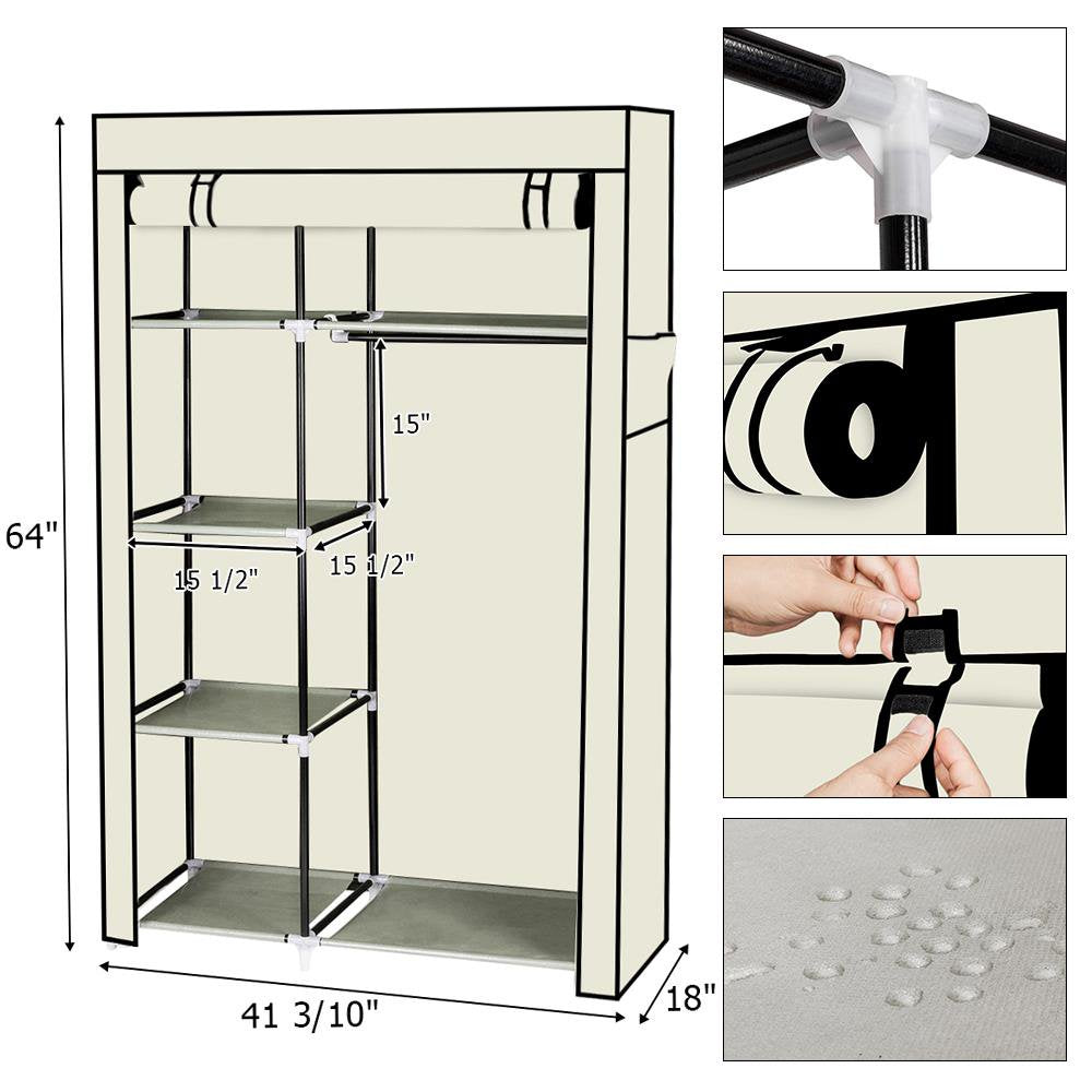 Beige Clothes Closet Portable Wardrobe Clothes Storage Non-Woven Fabric Wardrobe Organizer with Hanging Rod